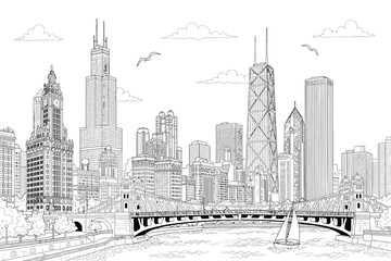 Fototapeta premium Detailed hand drawn line art illustration of Chicago city skyline panorama with famous skyscrapers bridge river and sailing boat