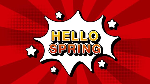 Hello spring text word lettering popup comic cartoon reveal with bomb and smoke explosion manga anime book page dots with radial speed lines doodle red background with seamless loop animation
