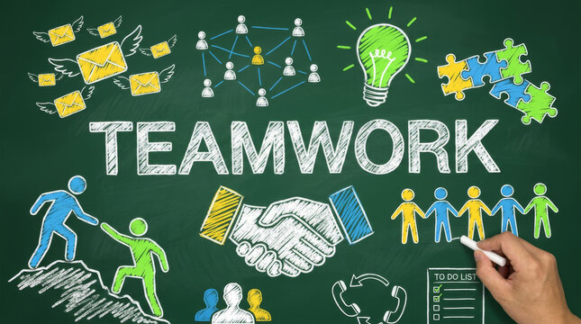 Teamwork business concept on green chalkboard, hand drawing collaboration icons and corporate strategy symbols, professional partnership and unity