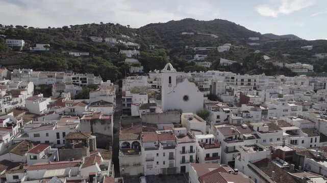 Aerial Drone Orbiting Historic Church in Port de la Selva, Costa Brava, Spain