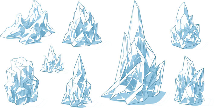 Set of blue ice crystal formations and jagged icebergs isolated on white background for winter and nature projects.