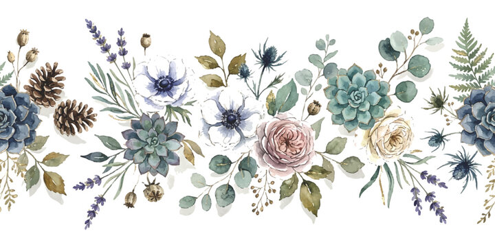 Watercolor floral seamless border with flowers succulents and pine cones