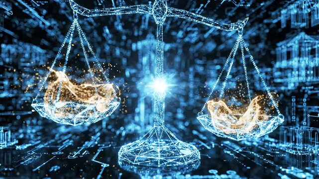 Glowing digital geometric scales balancing floating light particles within a complex holographic environment suggesting legal balance and structural order