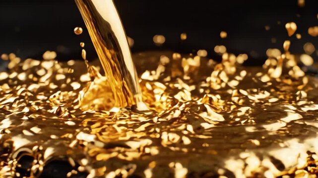 Macro shot of golden liquid metal flowing and splashing over a dark surface symbolizing financial market volatility and rapid change