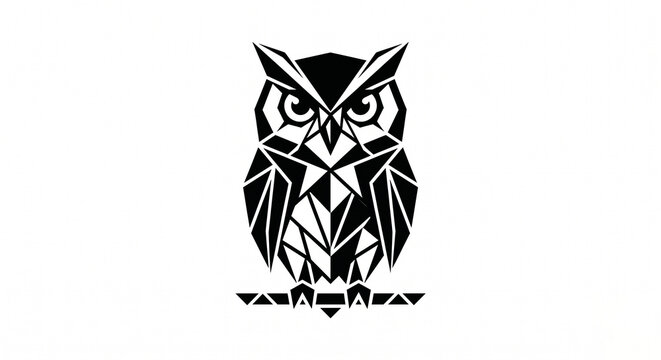 A striking black and white geometric illustration of an owl perched on a branch. This modern polygonal vector design features sharp, abstract shapes, making it ideal for logos, tattoos, mascots
