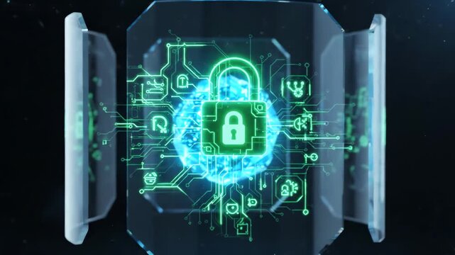 Minimalist animation of a luminous data core protected by translucent glass shields and a glowing digital lock mechanism representing privacy and legislation