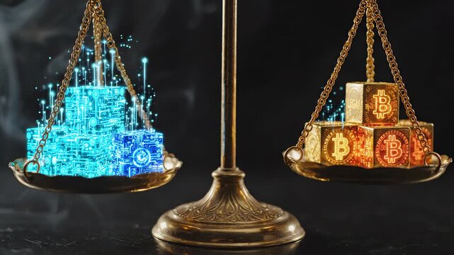 Slow motion cinematic close up of a golden balance scale weighing glowing digital data cubes symbolizing legal compliance and blockchain regulation