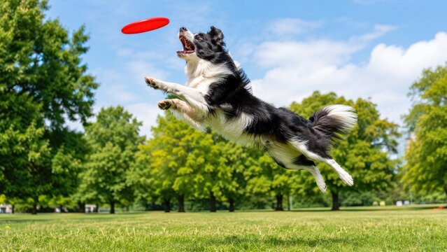 Energetic black and white Border Collie leaping mid-air to catch a red frisbee in a sunny park