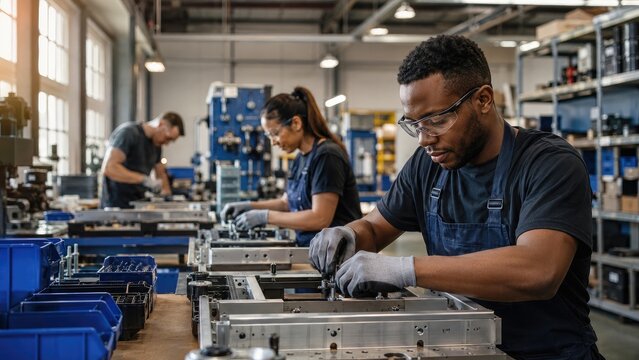 Factory workers assembling metal components on an industrial production line while wearing safety gear