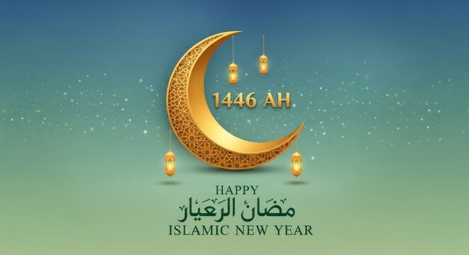 Islamic new year 1446 ah celebration design with moon and lanterns