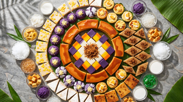 Flat Lay Mandala Pattern of Assorted Traditional Filipino Desserts and Kakanin Rice Cakes