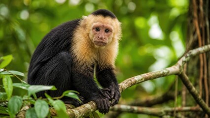 Fototapeta premium White-faced capuchin monkey perched on a rainforest branch, looking toward the camera amid lush green foliage