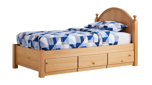 Wooden single bed with storage drawers and blue geometric bedding