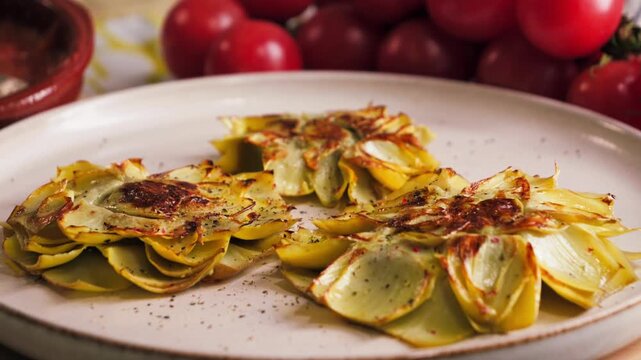 Close-up of cooked and fried artichoke flowers, traditional Spanish dish flores de alcachofa. Crispy texture, golden color and gourmet Mediterranean cuisine concept. High quality 4k footage