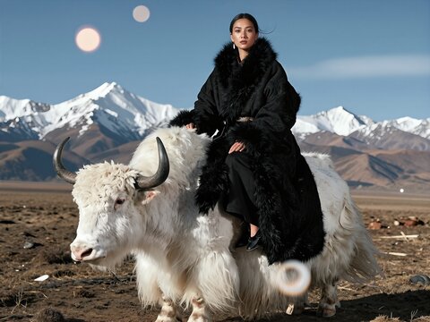 Woman sits on a large white yak in a scenic Tibetan mountain landscape. Majestic yak carries a female rider in a black fur coat with snowy mountain peaks behind. 