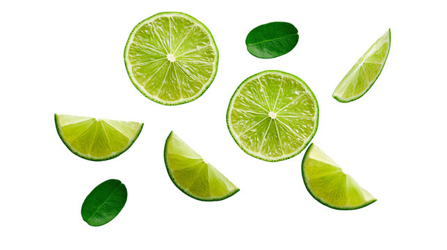 Fresh lime slices and leaves