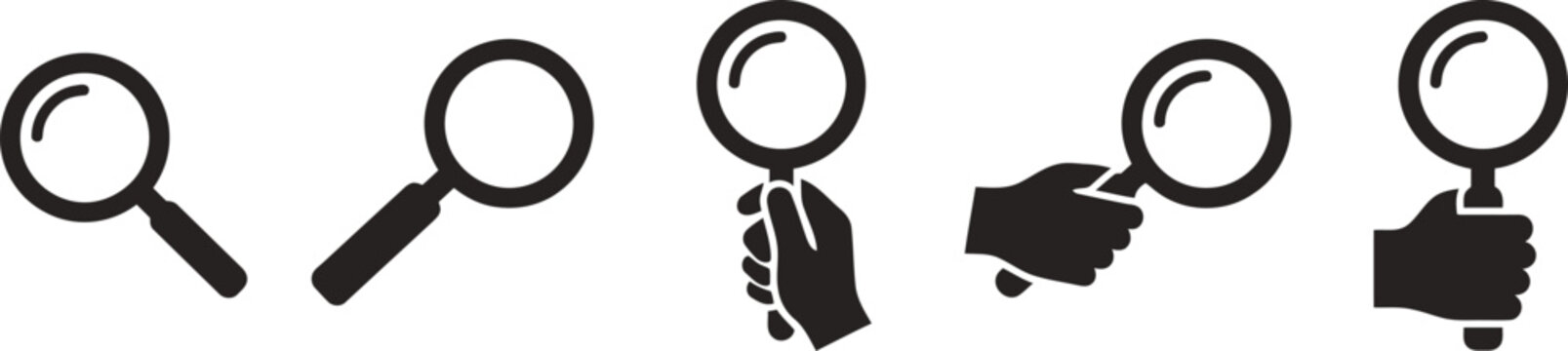 Set of magnifying glass icons and hand pointing at objects