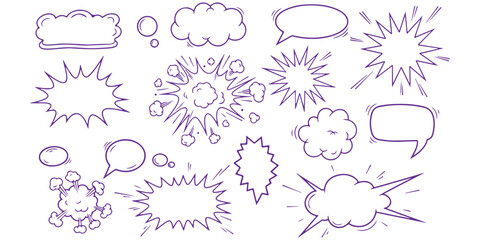 Set of hand drawn comic speech bubbles and explosion clouds for dialogue and sound effects © md