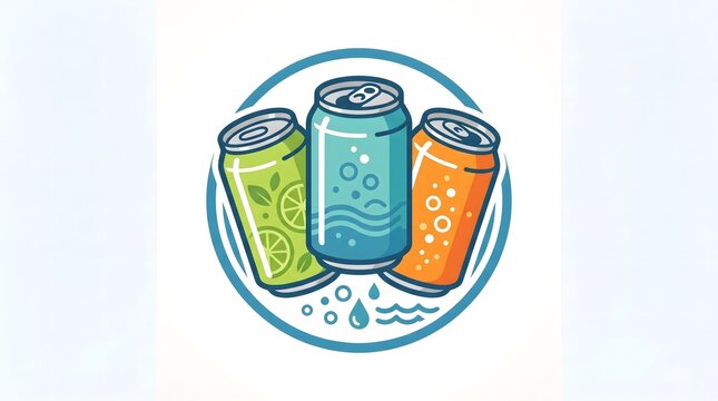 A flat vector illustration showcasing three colorful soda cans in green, blue, and orange arranged inside a circular frame