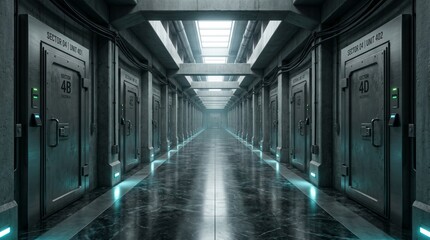 Fototapeta premium Futuristic sci-fi corridor, a long dark metallic spaceship hallway with glowing lights. A mysterious, endless tunnel in a secure facility or bunker, ideal for technology and gaming backgrounds.