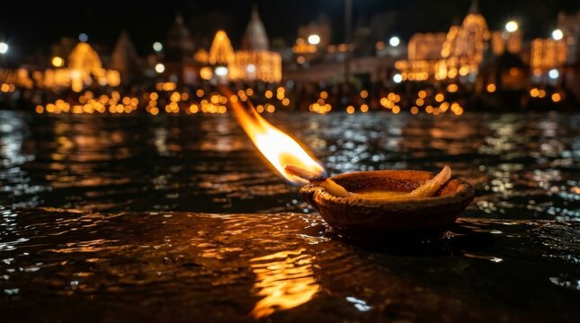 Hindu Ganga Aarti Oil Lamp Flame Extreme Macro Detail with Reflection in Sacred River Water Orange and Gold Tones