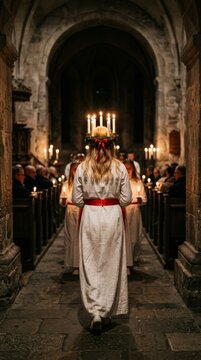 Saint Lucia Celebration Sweden with Girl in White Robe and Candle Crown Leading Candlelit Procession in Dark Church