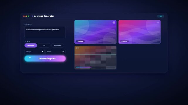 AI image generator interface animation producing four pictures from a text prompt