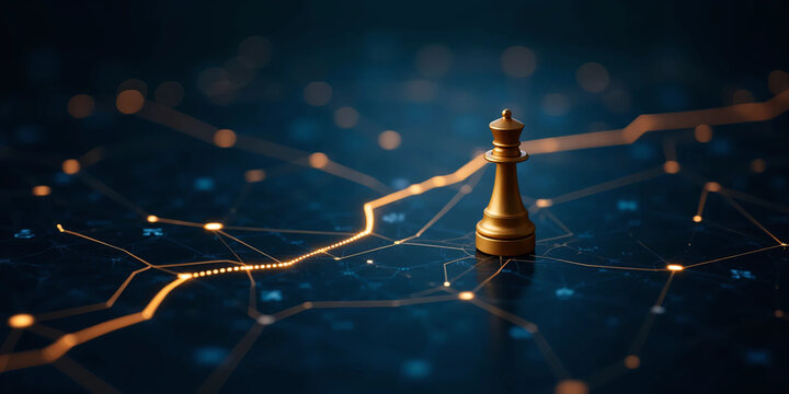 Chess queen piece standing on digital network grid background with glowing nodes and connecting lines symbolizing strategy business leadership growth corporate planning and success in modern