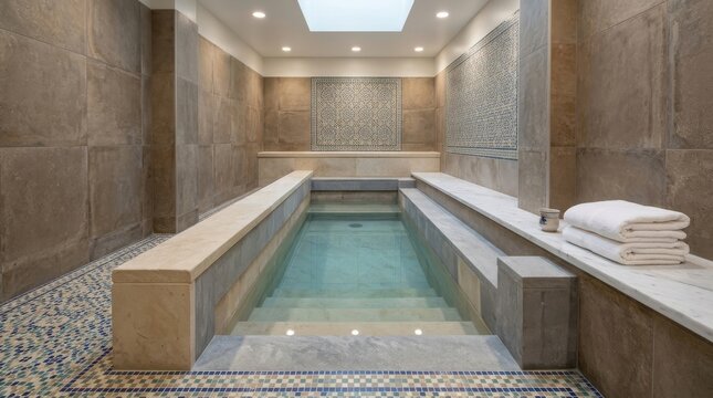 Jewish Mikveh Ritual Bath Interior with Blue Mosaic Tiles and Steps Leading into Sacred Purification Pool in Synagogue