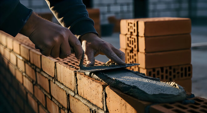 Skilled bricklayer applying mortar on a brick wall at sunset