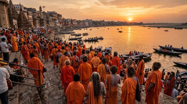 Hindu Sadhus Holy Men Gathering at Sacred River Ghat with Saffron and Orange Robes Reflected in Water at Festival