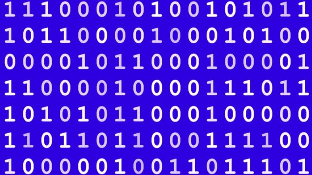 Looping animation featuring rows of binary digits in shades of white and light blue on a deep blue background.