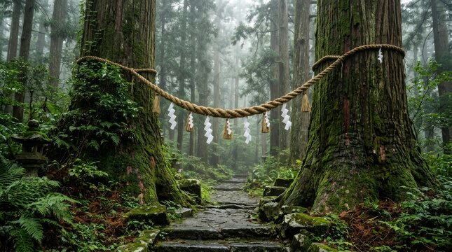 Shinto Shimenawa Sacred Straw Rope with Shide Zigzag Paper Strips Stretched Between Ancient Cedar Trees at Forest Shrine