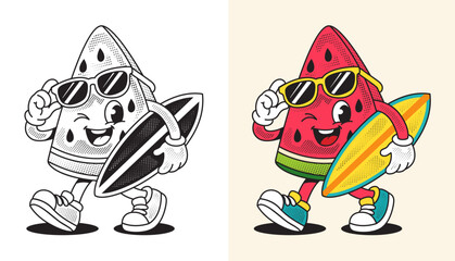 Cute watermelon mascot wearing sunglasses and holding a surfboard, colorful summer fruit cartoon character for stickers, t-shirts, logos, and kids designs © luqart97