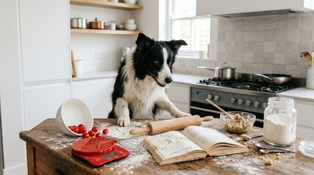 Intelligent Border Collie Dog Observes Baking Process in a Bright, Modern Kitchen