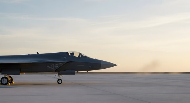 Modern stealth fighter aircraft parked on a desert airfield runway at sunset.
