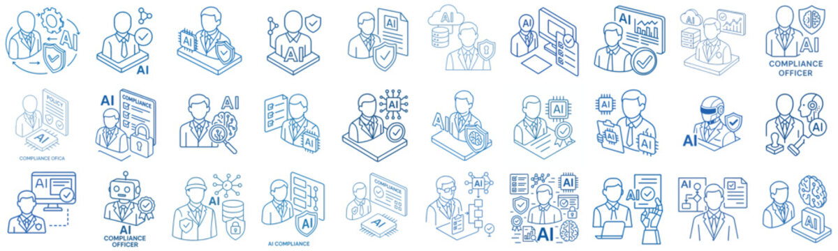 isometric line art vector icon AI Compliance Officer blue stroke