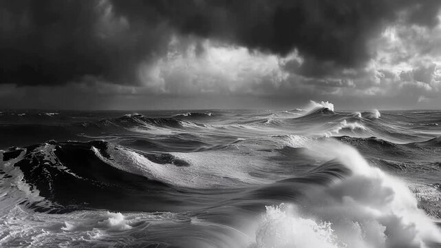 Powerful storm waves crash across the vast open ocean under dark, turbulent skies during a dramatic weather event