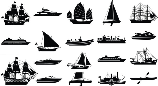 WebBlack silhouette icons of ships and boats collection featuring sailboats yachts cruise ships and historic vessels vector desig