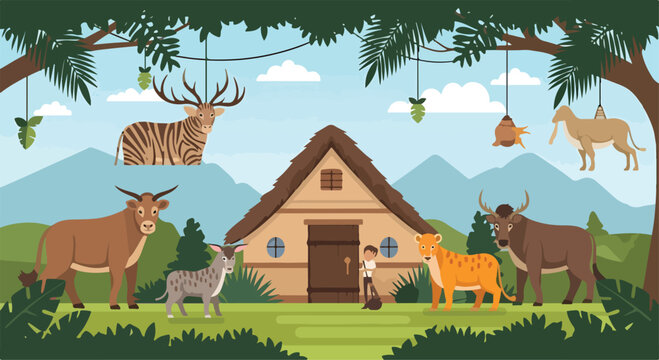 A cartoon boy standing outside a hut with various animals
