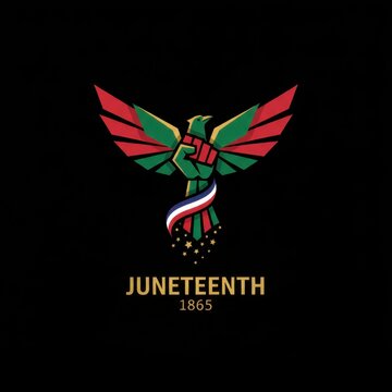 Colorful Juneteenth Celebration Logo Featuring a Stylized Eagle and Fist on a Black Background