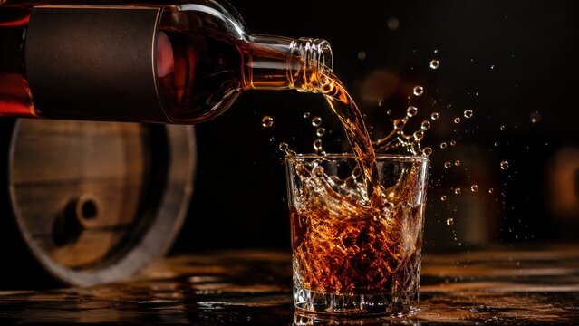 Amber whiskey being poured from a bottle into a glass, dramatic splash with oak barrel in the background and moody lighting