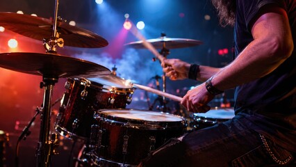 Obraz premium Drummer energetically playing a drum kit on a colorful live concert stage with cymbals, sticks, smoke, and dramatic lighting