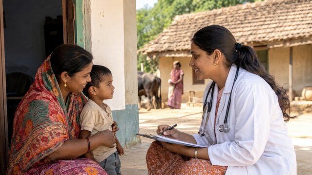 Female doctor in white coat consulting a smiling mother and young child during a home visit in a rural village, taking notes and assessing the child