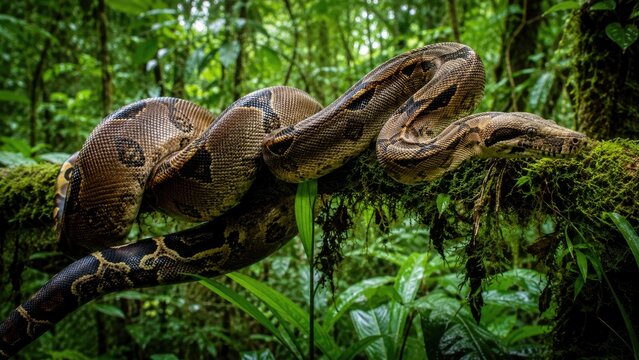 Large brown constrictor snake coiled on a mossy branch in a dense tropical rainforest