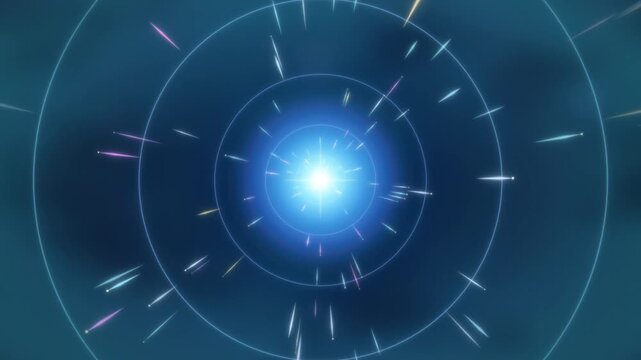 Abstract blue energy burst animation with light particles radiating outward and rotating rings loop