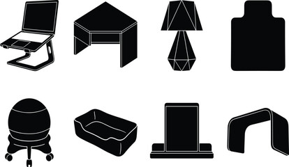 Modern ergonomic home office furniture and desktop accessories vector stencil set featuring laptop stands corner desks yoga ball chairs and geometric table lamps © MdShoriful