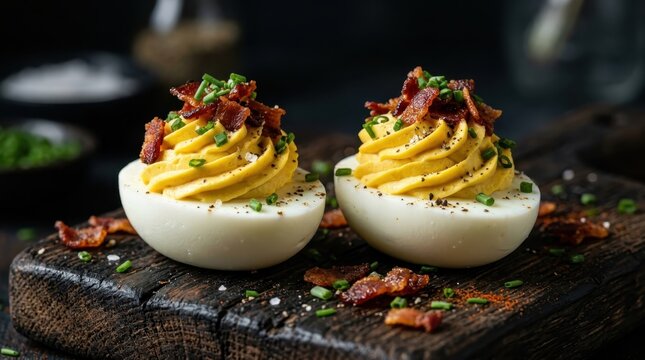Two halves of deviled eggs topped with creamy yellow filling, crispy bacon bits, chives, and pepper served on a rustic wooden board