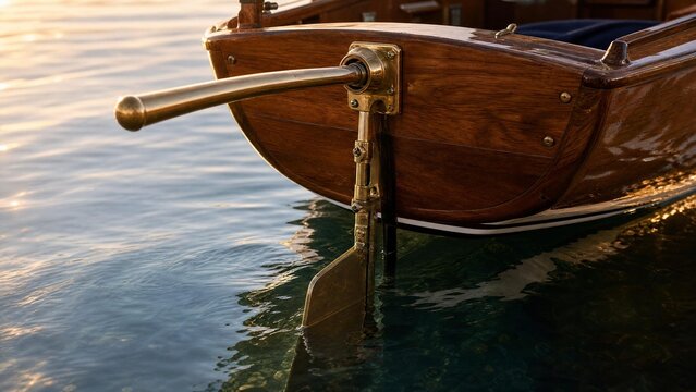 tiller. A small wooden boat's stern with a bronze tiller handle in calm golden hour light. mobility guides, transit brochures, designed for mobility and urban transit guides.