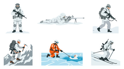 Arctic military operations featuring skiing and climbing scenes. © Dias